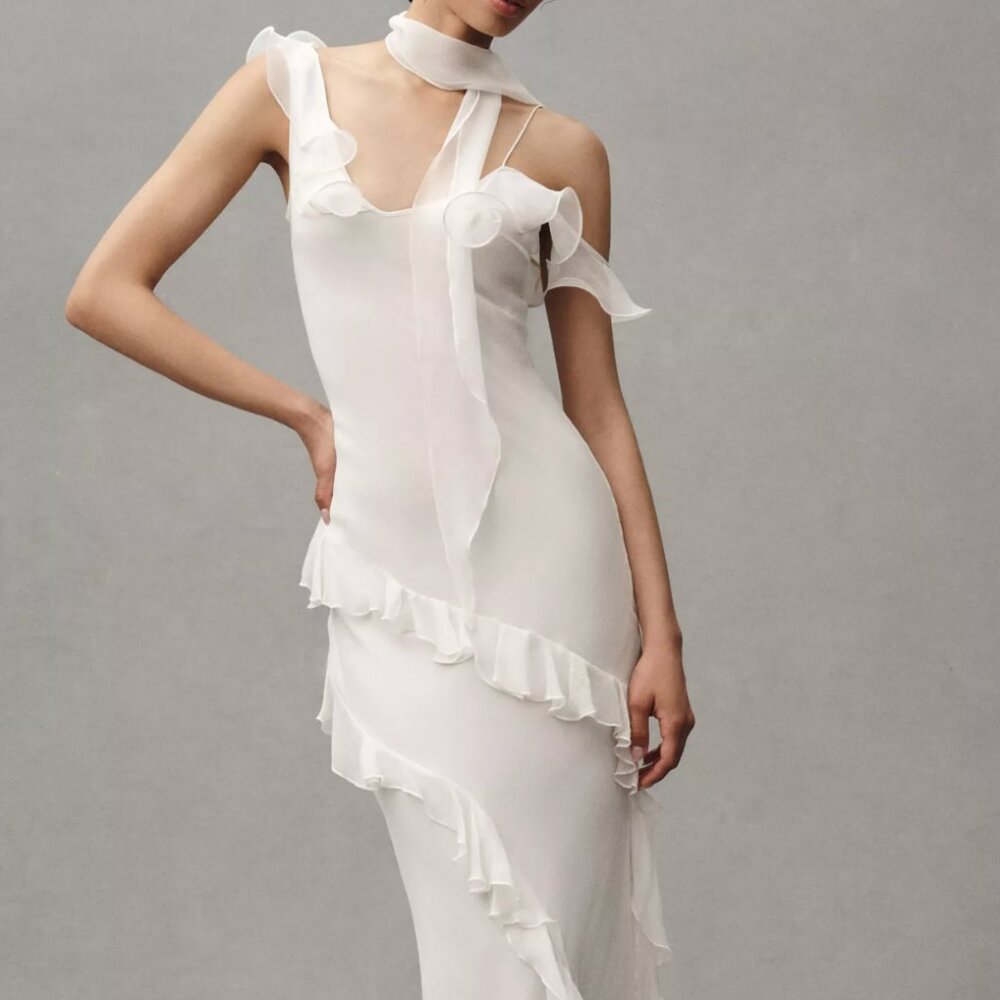 Elegant Cream Ruffled Maxi Dress with Scarf Detail